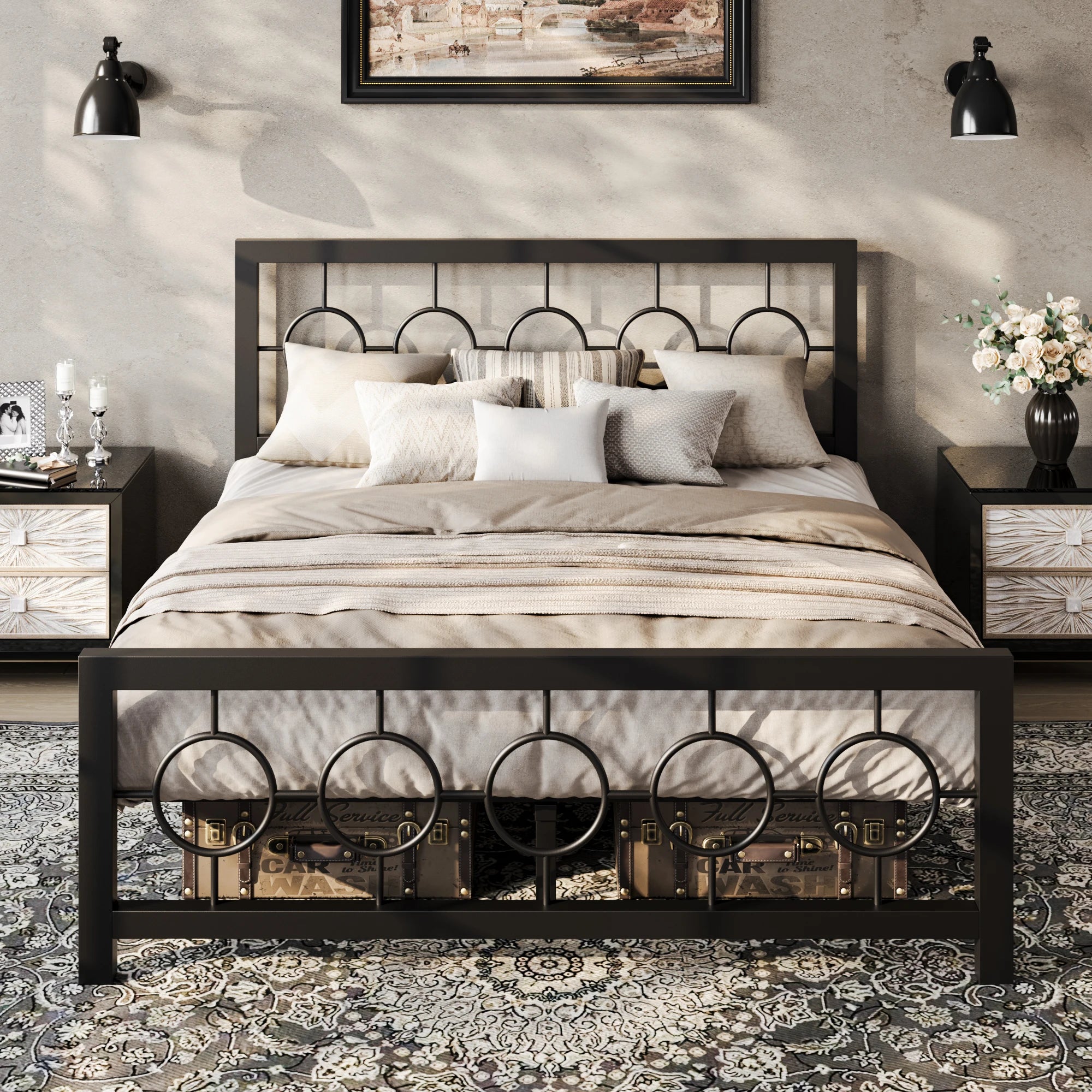 Metal Platform Bed Frame with Vintage Circular Design Headboard and Footboard with Under-Bed Storage