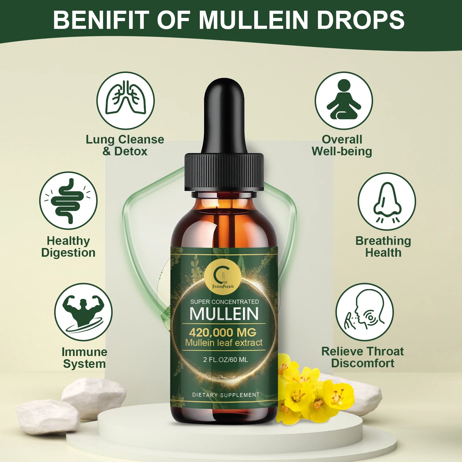 60ML Mullein Drops for Lungs Health ,Lung Detox & Cleanse, Support for Respiratory, Immune, Digestive System