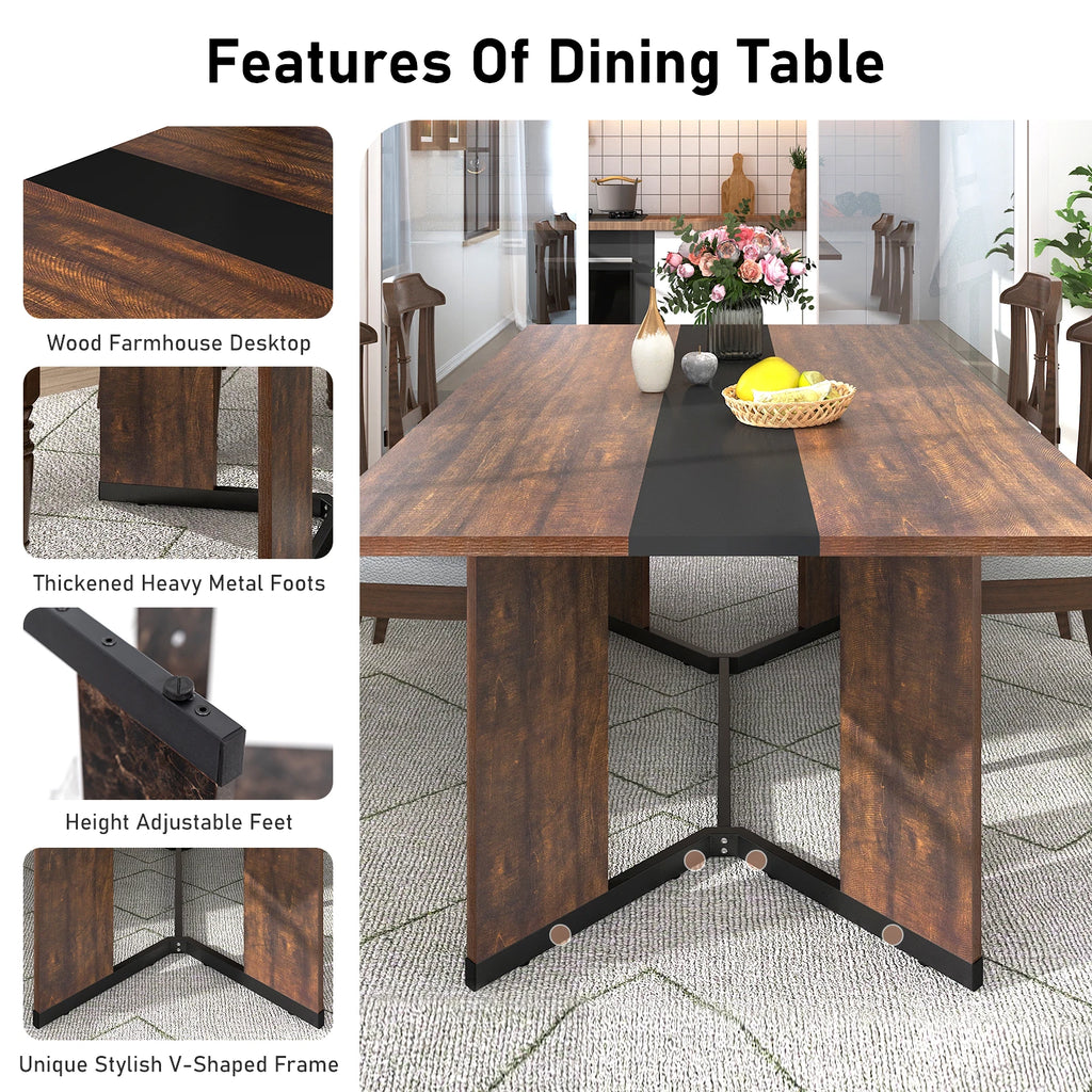 Large Rectangular White Dining Table for up to 10 People w/Marble Color, Wood Tabletop, Metal Leg