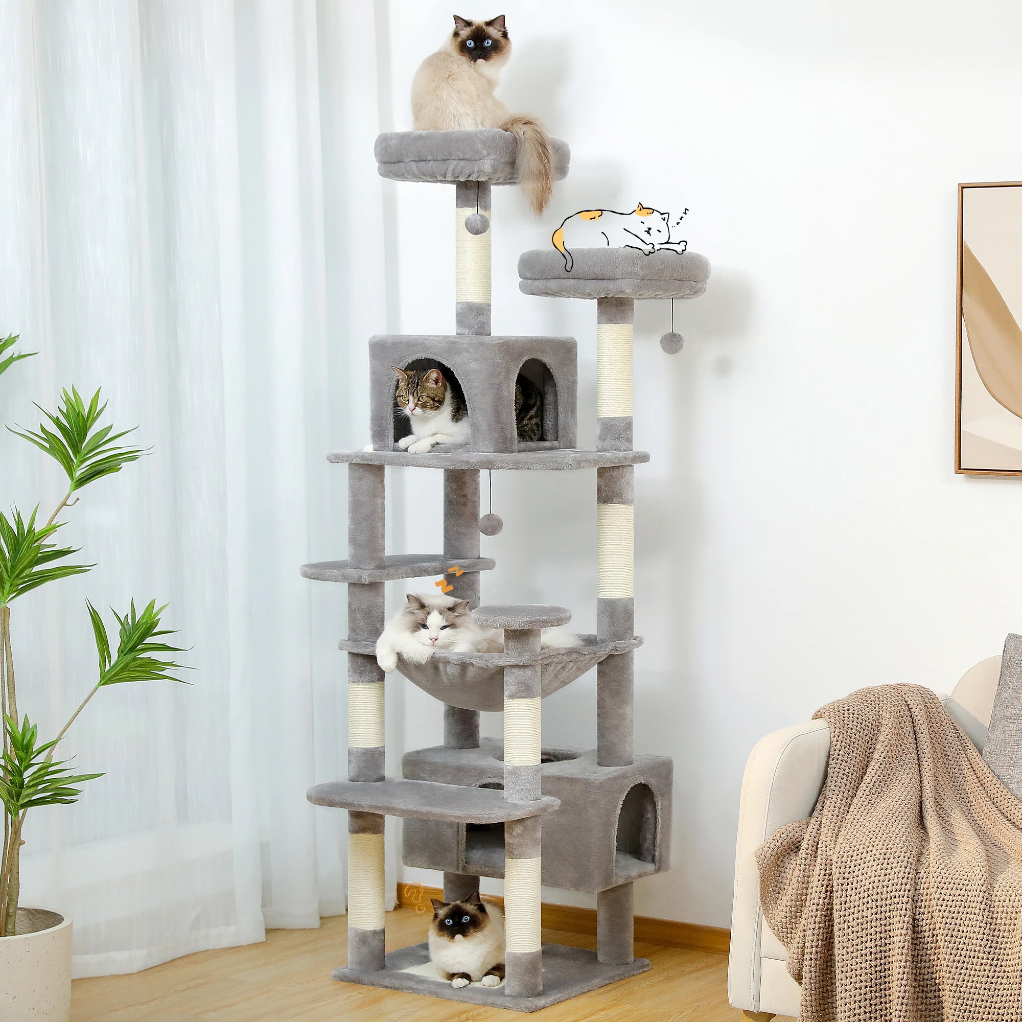 Large Cat Tree and Tower for Indoor Cats With Sisal-Covered Scratching Posts Spacious Hammock