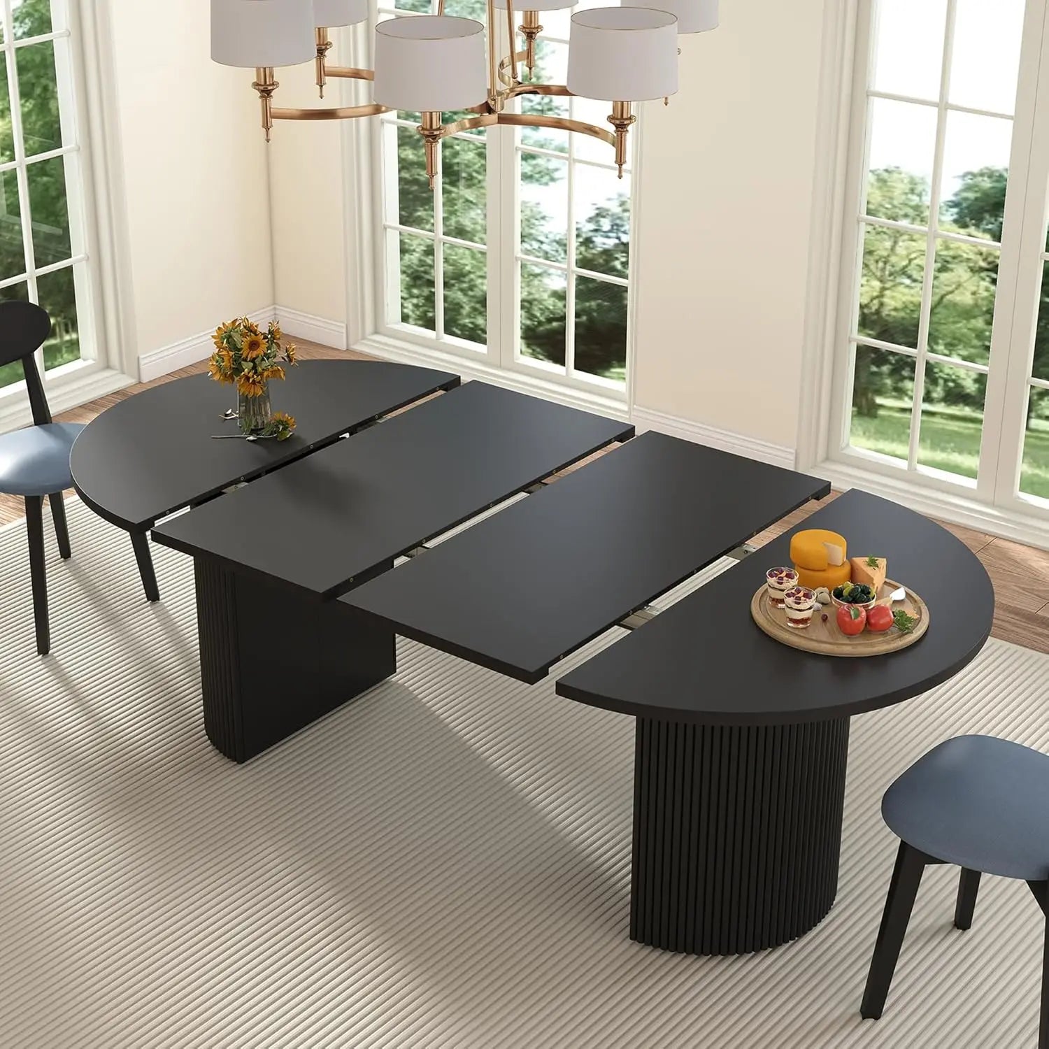 Round Expandable Fluted Base Modern Oval Dining Table