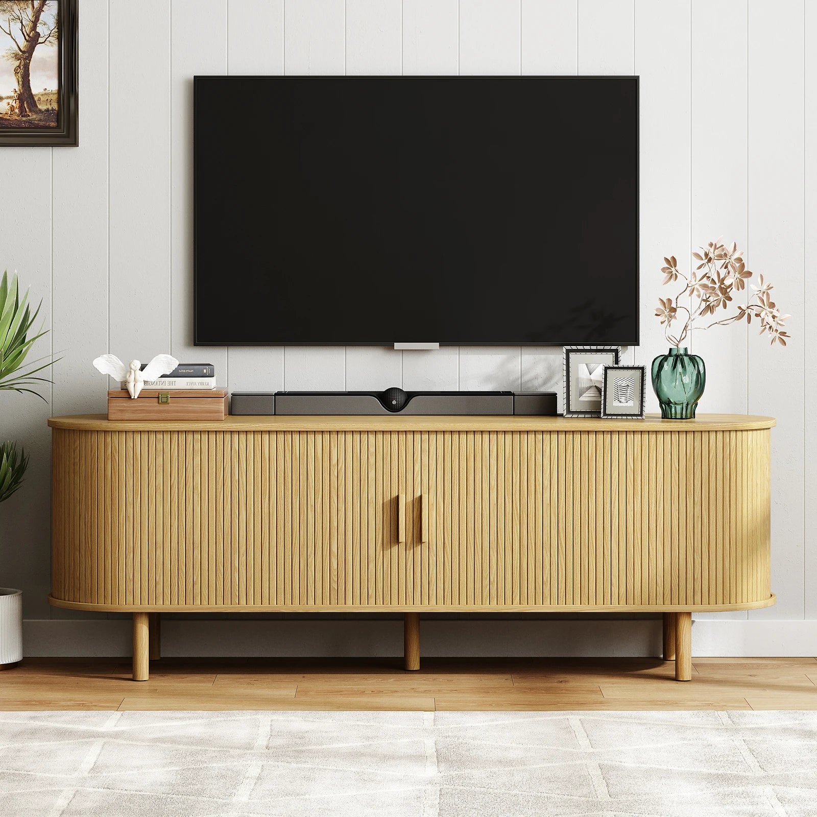 TV Stand Living Room Furniture with Power Outlet for TVs up to 70" with Sliding Doors Storage Adjustable Shelves