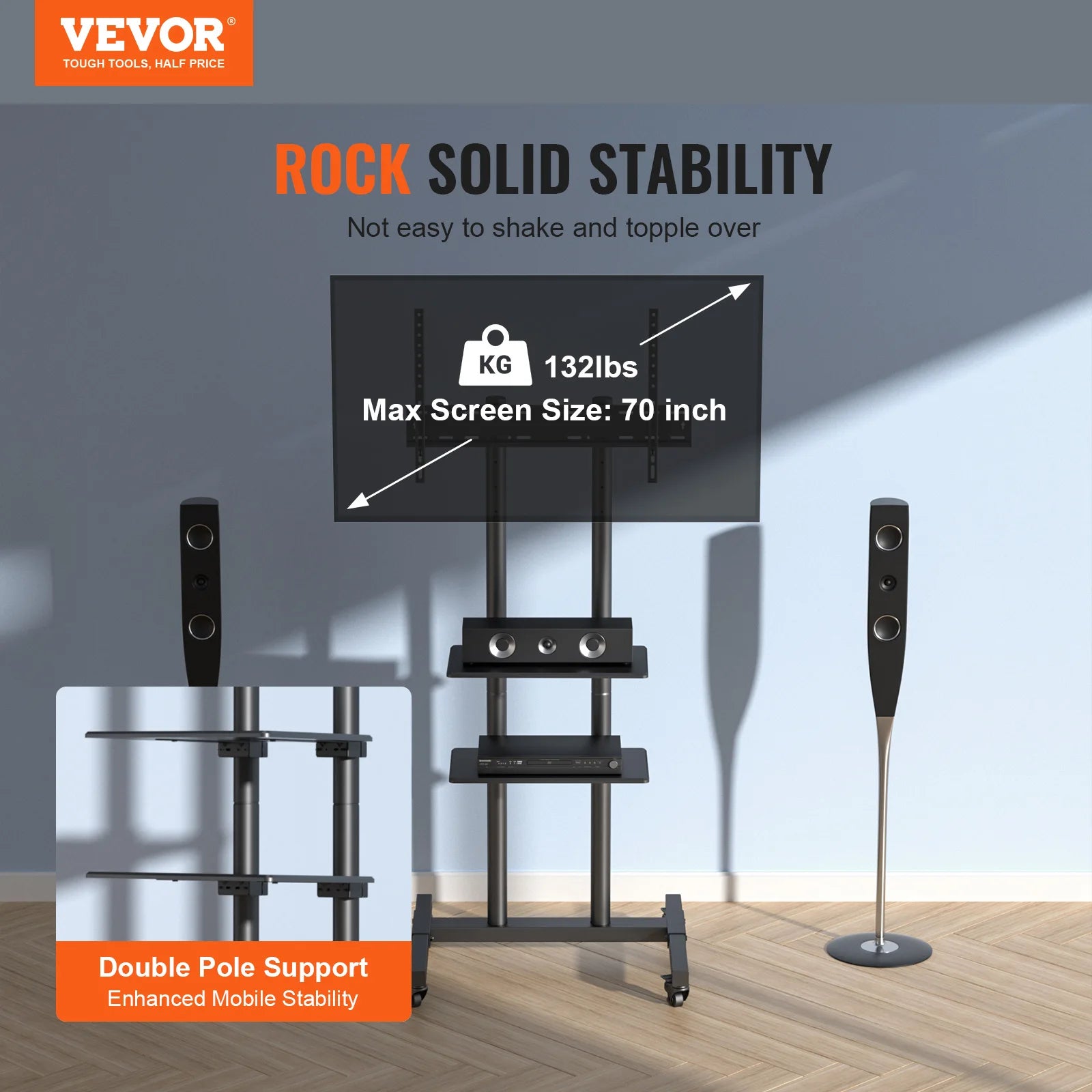 Mobile TV Adjustable Stand w/ Wheels Double Tray for Audio-Visual Devices Rolling Stand