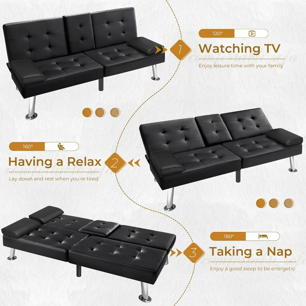 Futon Sofa Bed Modern Faux Leather Couch Bed Convertible Folding Recliner with 2 Cup Holders and Armrest