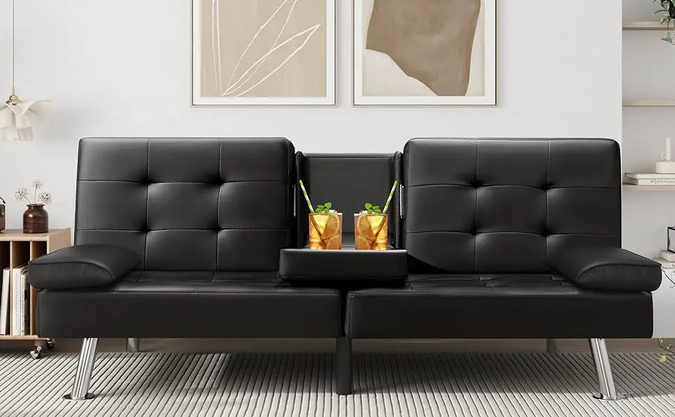 Futon Sofa Bed Modern Faux Leather Couch Bed Convertible Folding Recliner with 2 Cup Holders and Armrest