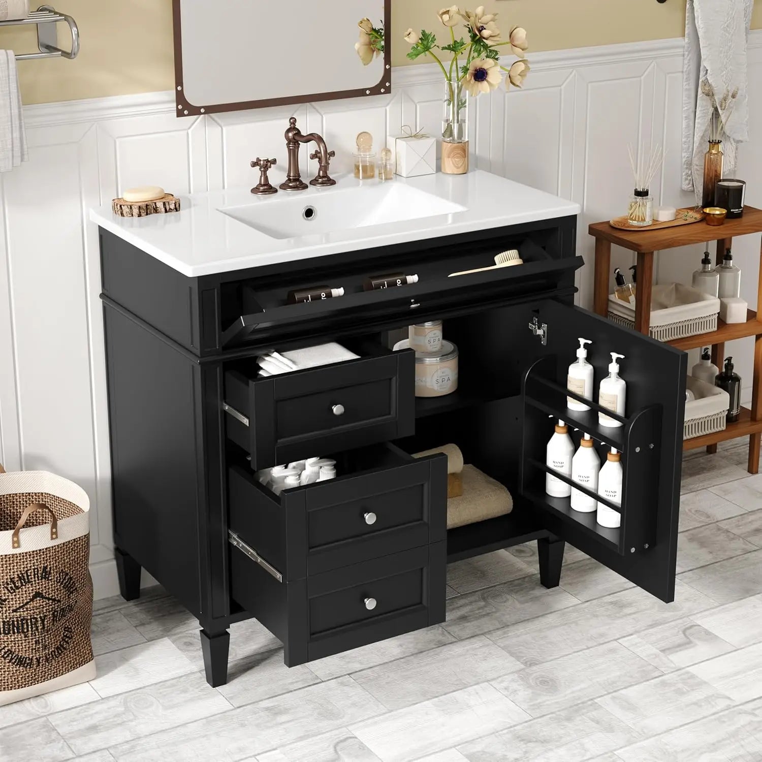 Solid Wood Bathroom Vanity with Soft-Close Doors & Tip-Out Drawer Undermount Sink Cabinet Green