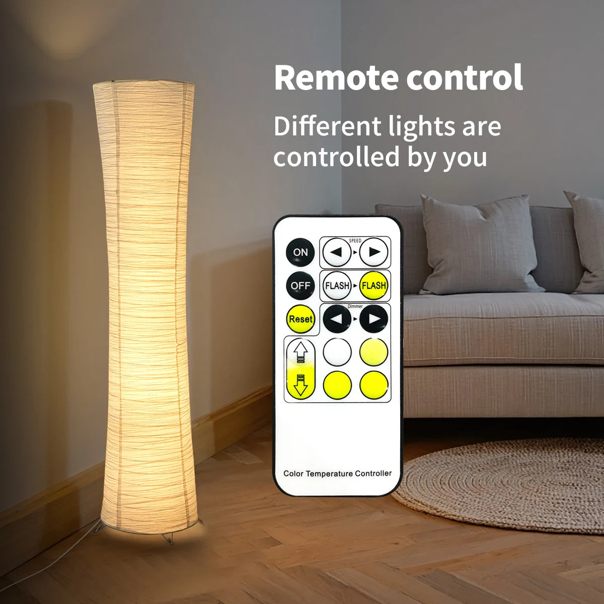 Paper floor lamp, paper and chrome-plated standing lamp, LED light strip