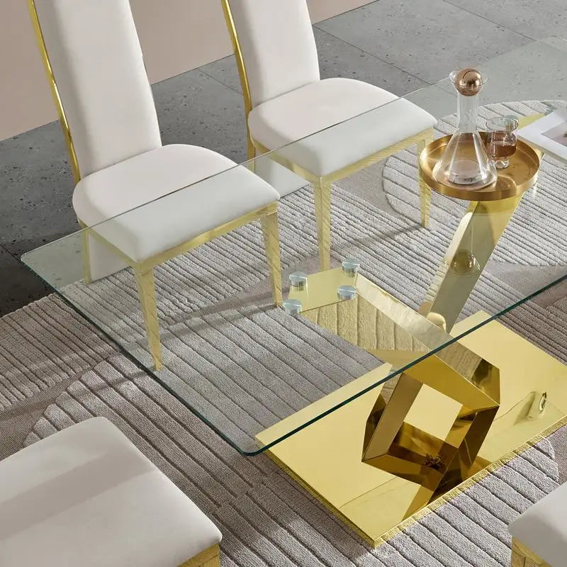Gold Stainless Steel Dining Table with 70-inch Clear Tempered Glass Top