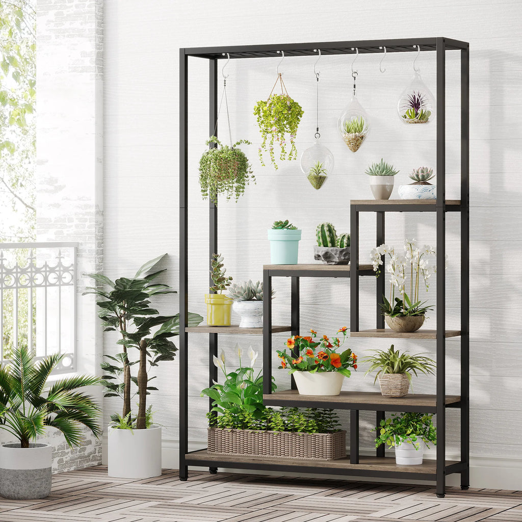 5 Tiers Tall Indoor Plant Stand Large Metal Plant Shelf with 10 PC S Hanging Hooks for Garden
