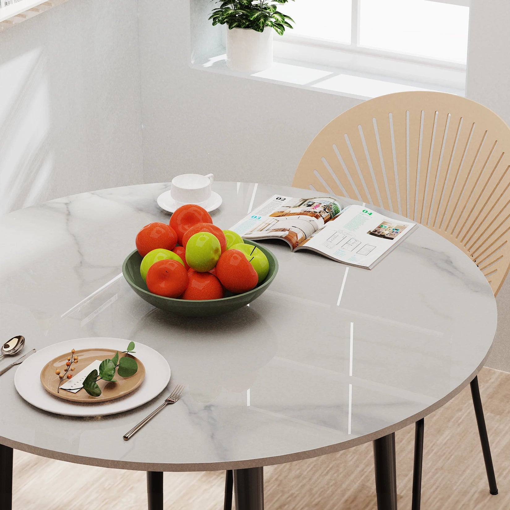 32" Sintered Stone Dining Round Reception Coffee Table with Black Metal Legs