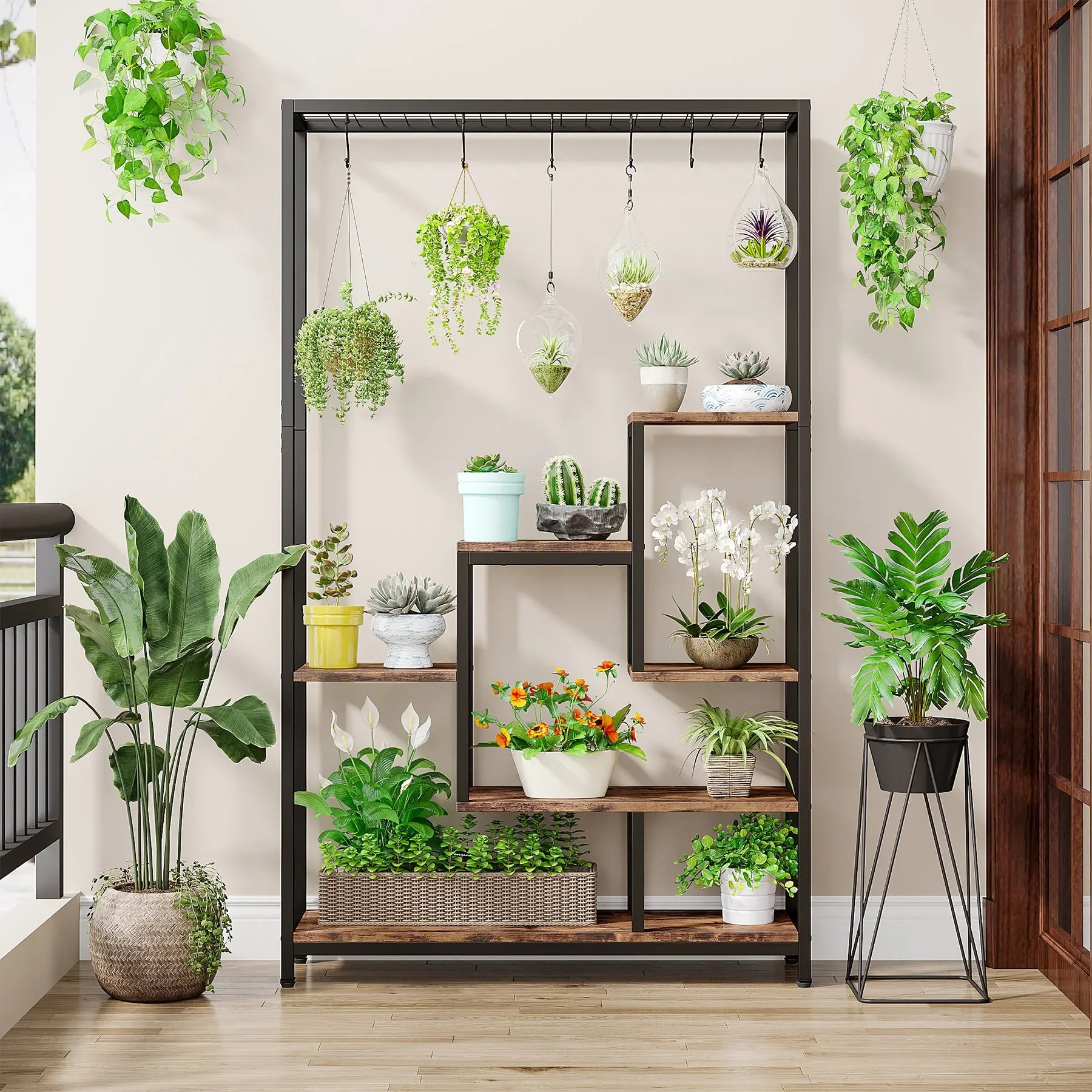5 Tiers Tall Indoor Plant Stand Large Metal Plant Shelf with 10 PC S Hanging Hooks for Garden