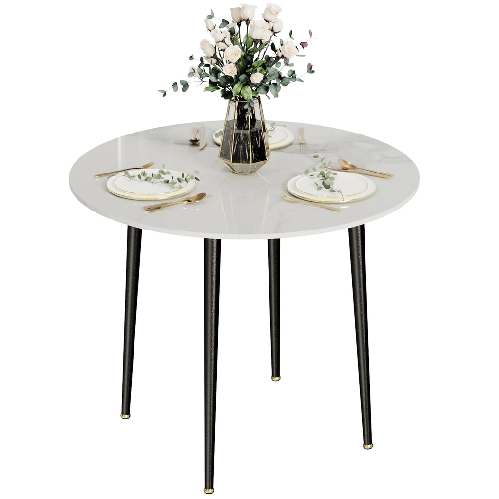 32" Sintered Stone Dining Round Reception Coffee Table with Black Metal Legs