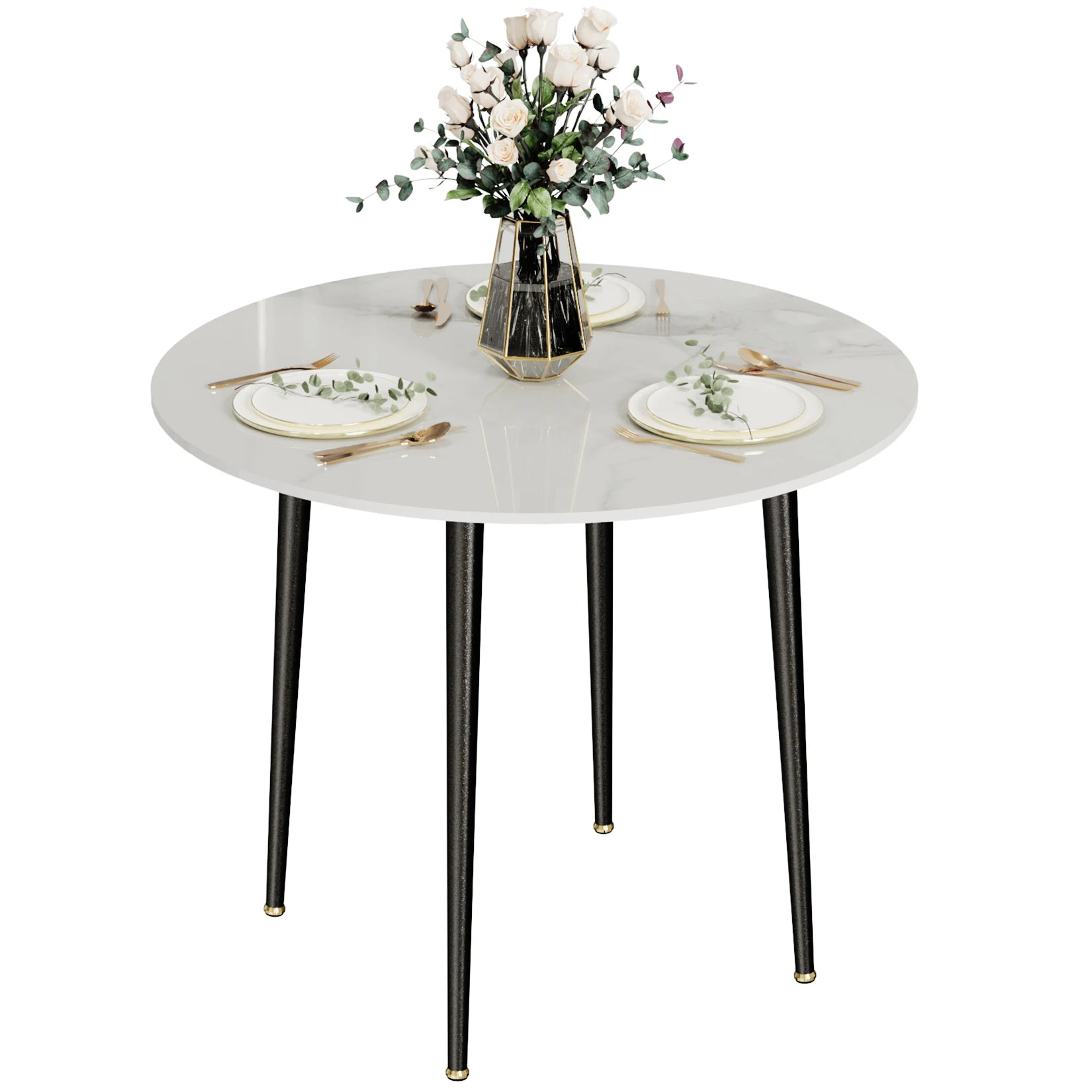 32" Sintered Stone Dining Round Reception Coffee Table with Black Metal Legs