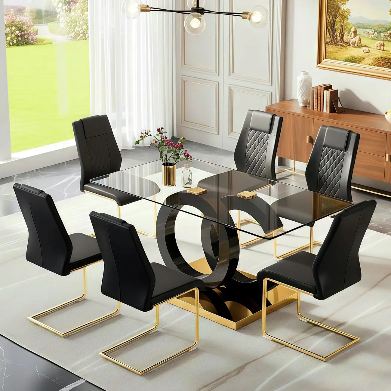 Glass Modern Rectangular Table with Tempered Glass Top and Black/Gold OC Design Base