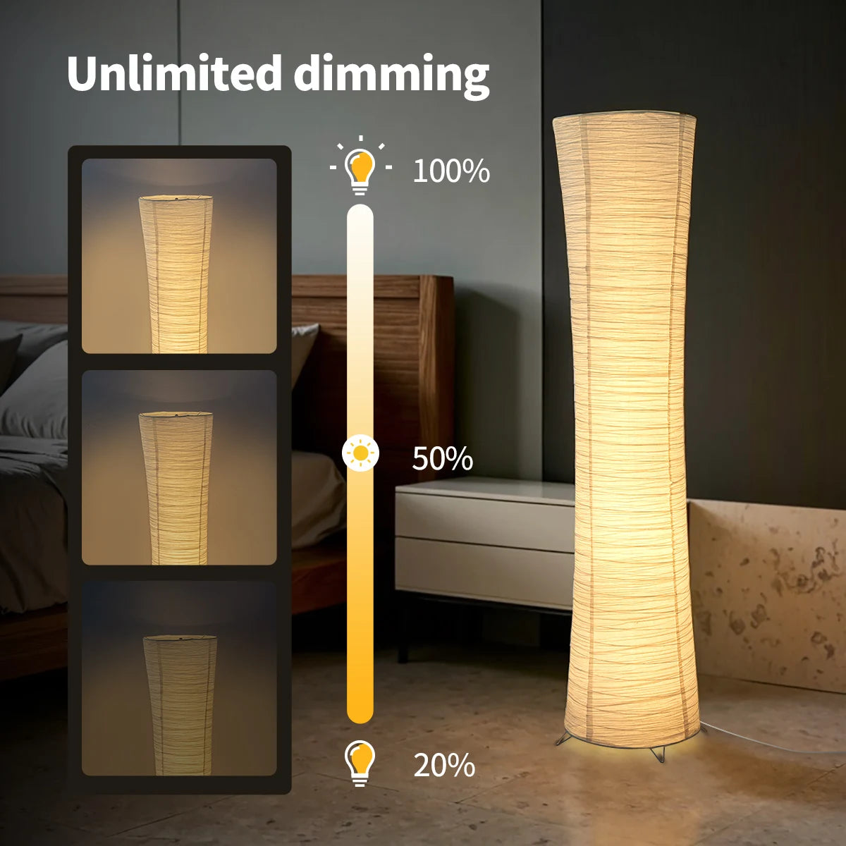 Paper floor lamp, paper and chrome-plated standing lamp, LED light strip