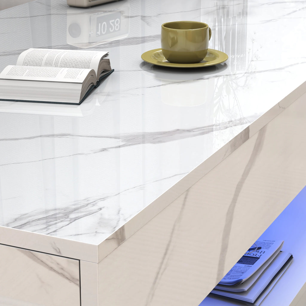 Modern Stylish Coffee Table with LED lights, Double-Layer Design with 2 Storage Drawers