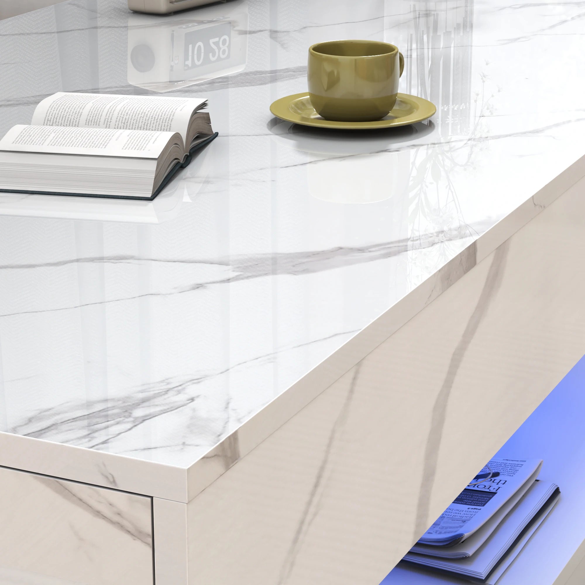 Modern Stylish Coffee Table with LED lights, Double-Layer Design with 2 Storage Drawers