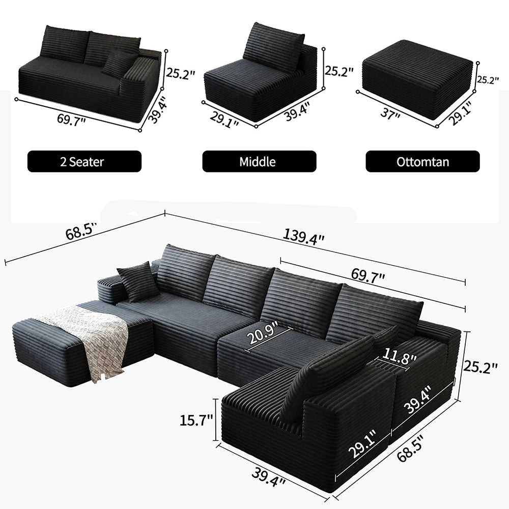 Cloud-style sectional sofa, with corduroy cover, fluffy memory foam cushions, easily assembled, modular recliner