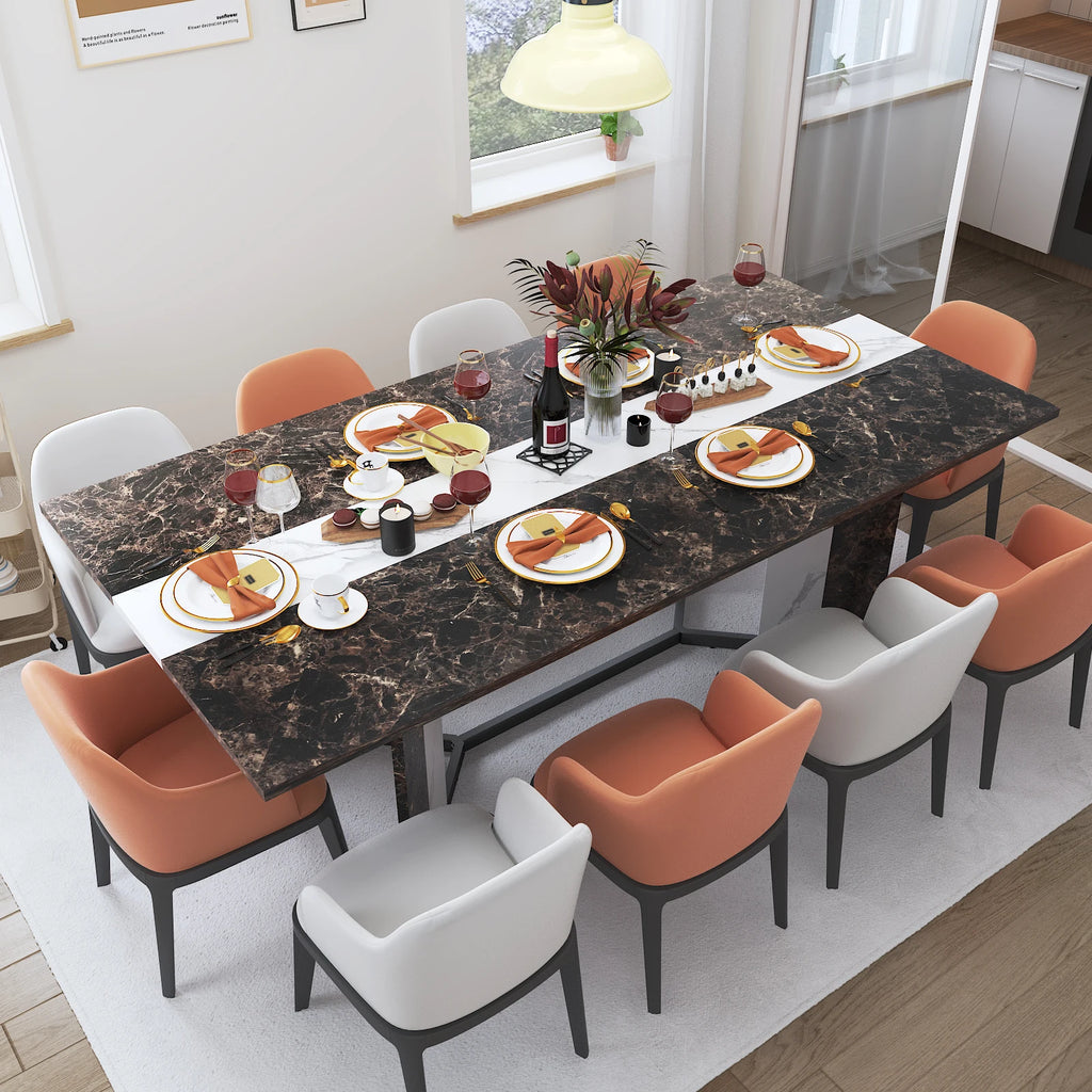 Large Rectangular White Dining Table for up to 10 People w/Marble Color, Wood Tabletop, Metal Leg