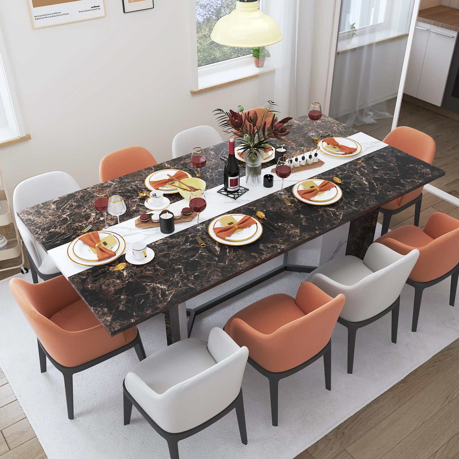 Large Rectangular White Dining Table for up to 10 People w/Marble Color, Wood Tabletop, Metal Leg