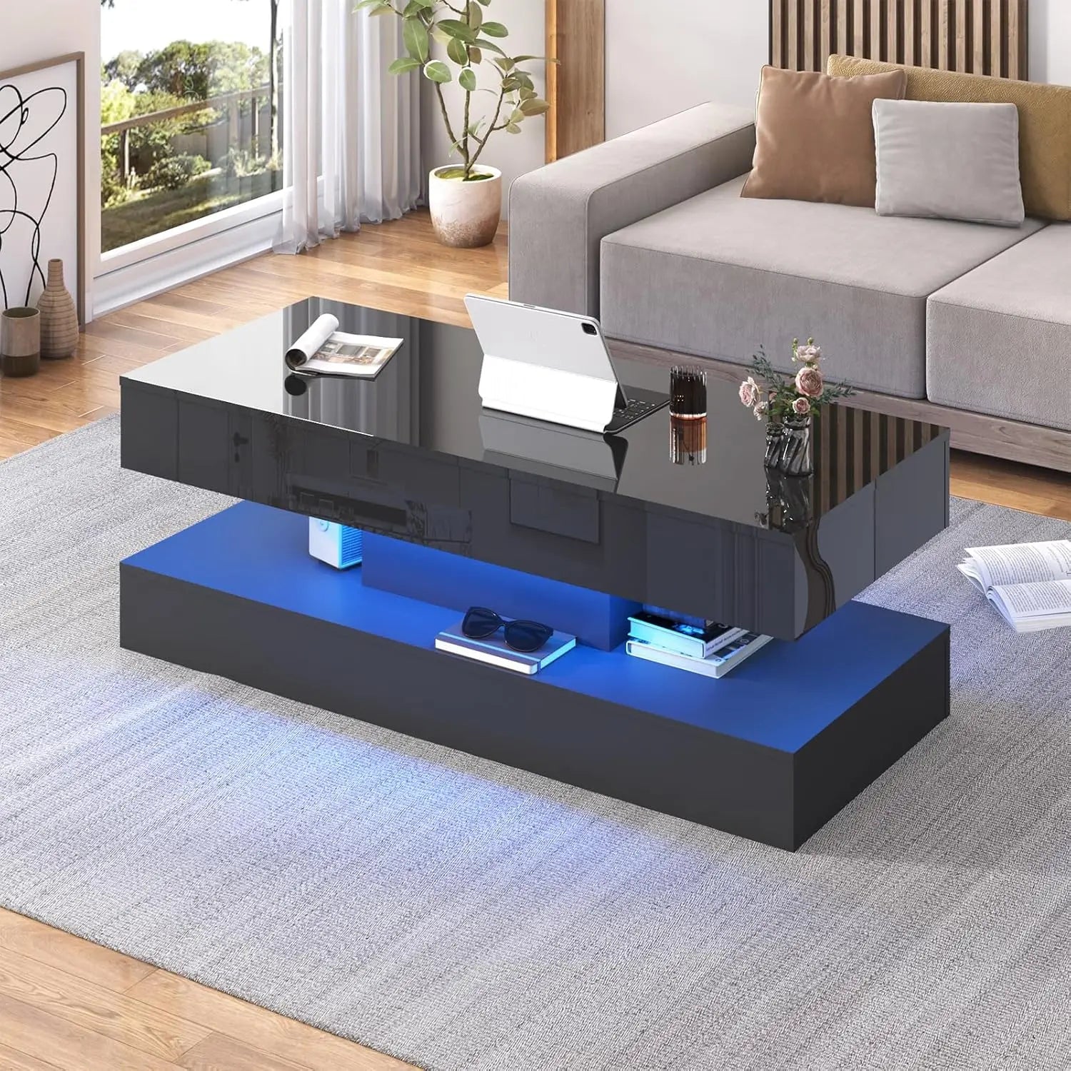 Modern Stylish Coffee Table with LED lights, Double-Layer Design with 2 Storage Drawers