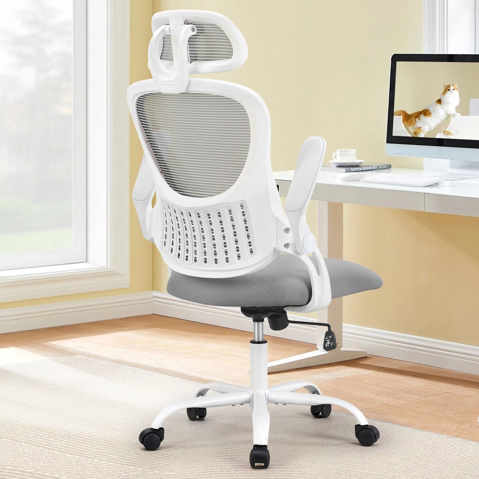 Ergonomic Office Computer Desk Chair Flip-up Arms Adjustable Headrests Comfortable Lumbar Support