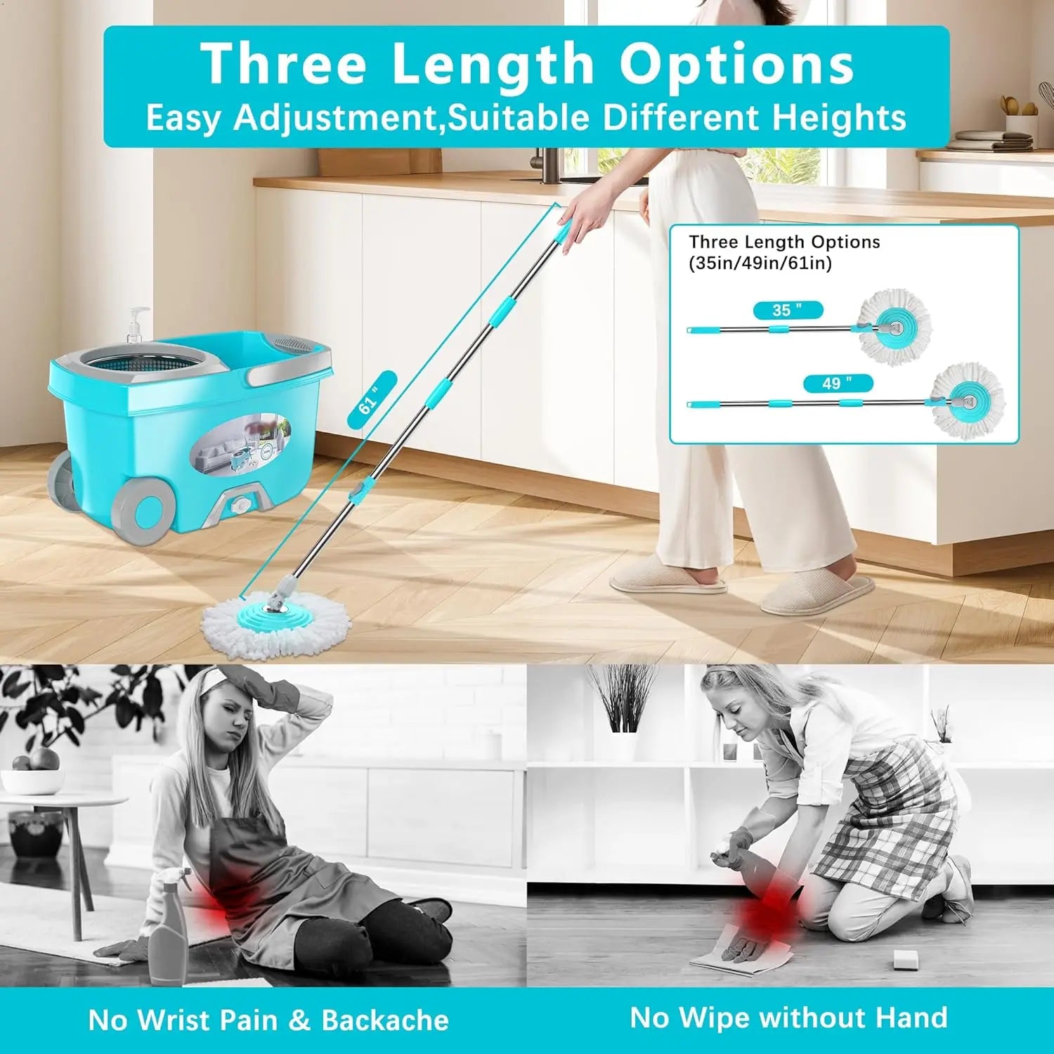 360 Spin Mop and Bucket Set with Wringer, 6 Microfiber Heads, 61" Adjustable Handle, Wheels for Easy Floor Cleaning