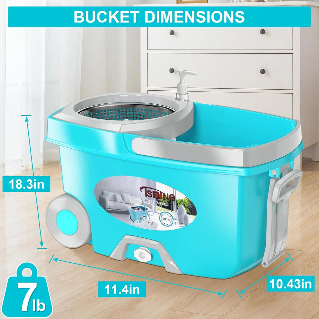 360 Spin Mop and Bucket Set with Wringer, 6 Microfiber Heads, 61" Adjustable Handle, Wheels for Easy Floor Cleaning