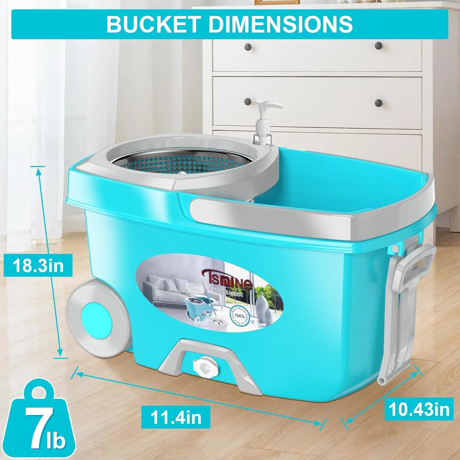 360 Spin Mop and Bucket Set with Wringer, 6 Microfiber Heads, 61" Adjustable Handle, Wheels for Easy Floor Cleaning