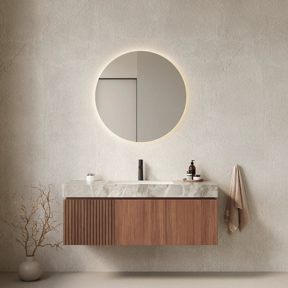 Bathroom Vanity with Sink, Wall-Mounted Plywood Bathroom Storage Cabinet with Drawer and Doors, Light Gray Sintered Stone