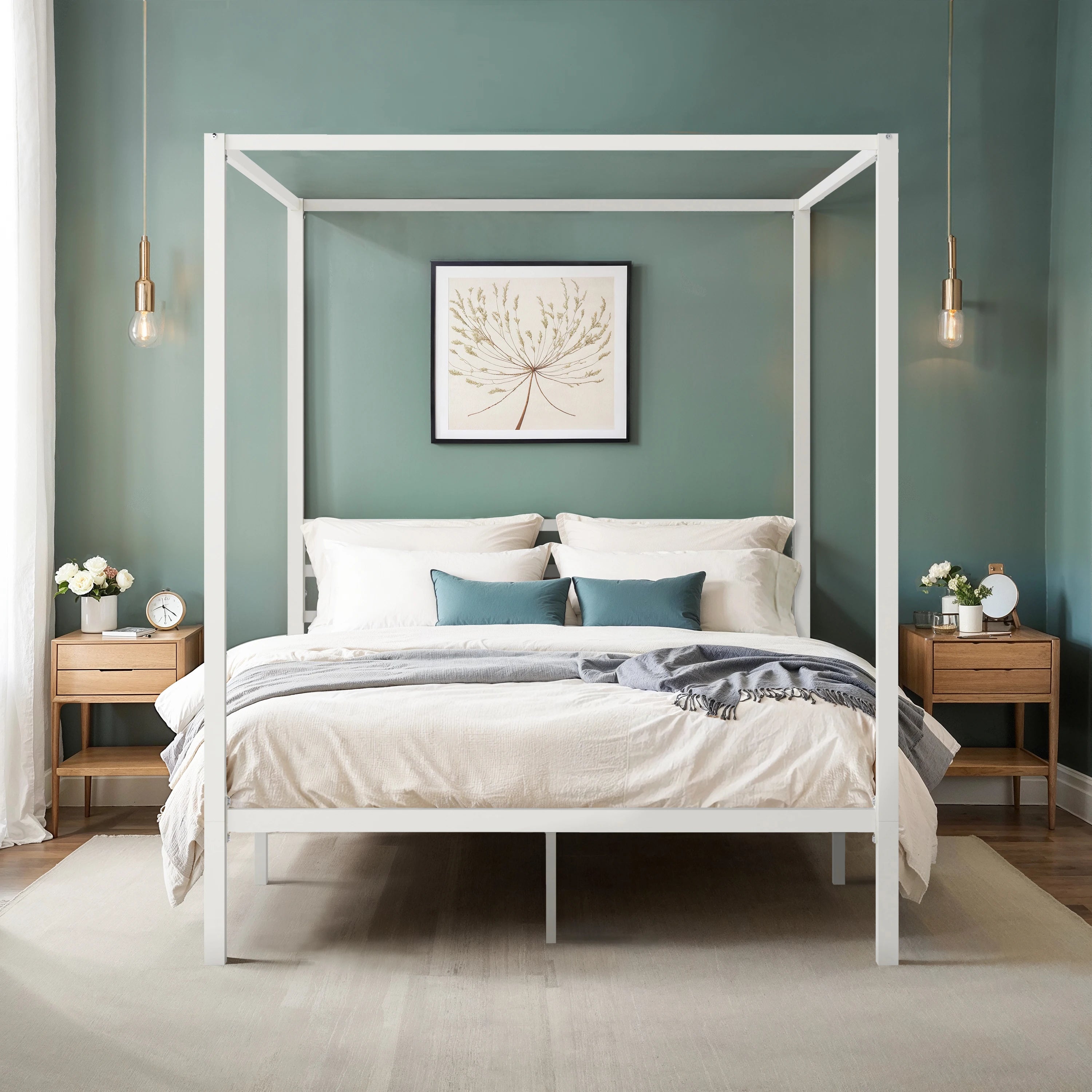 Canopy Bed Frame, 3-Metal Crossbar, No Box Spring Needed, Easy Assembly
