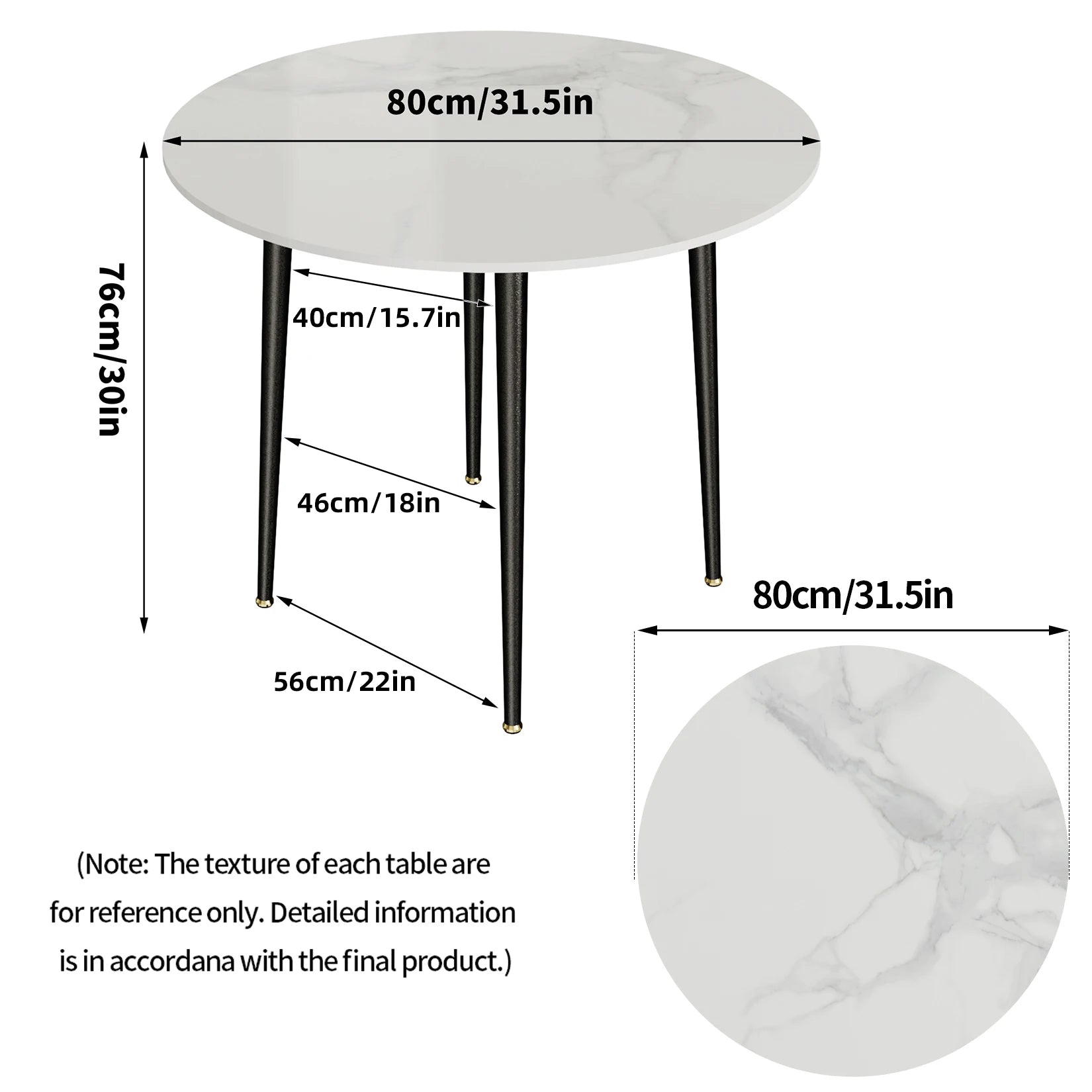 32" Sintered Stone Dining Round Reception Coffee Table with Black Metal Legs