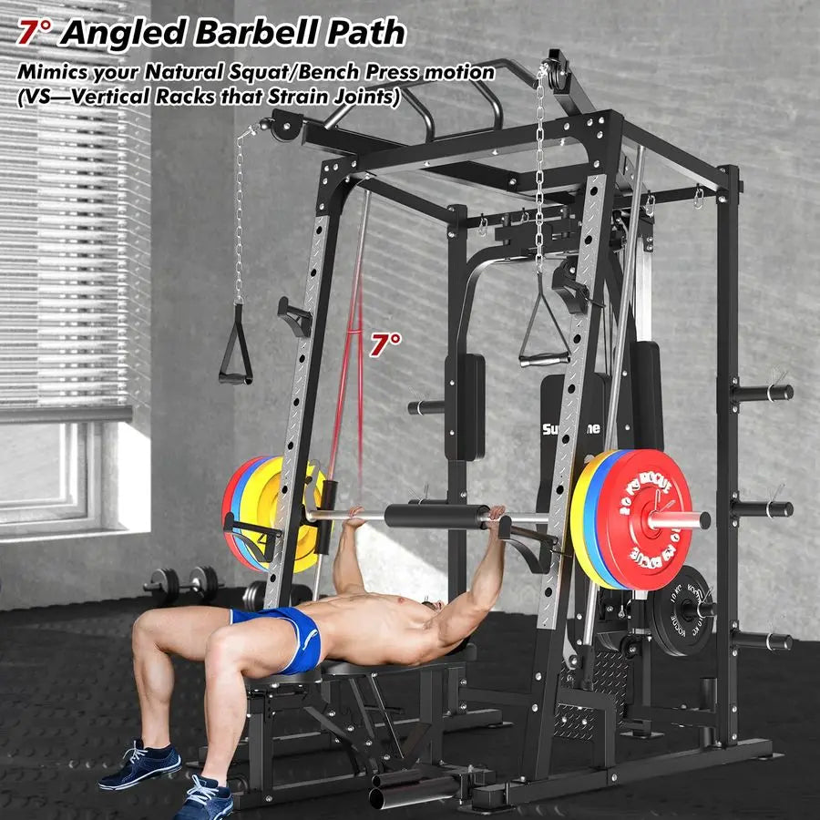 Smith Machine, Power Cage Squat Rack with Smith Bar, LAT PullDown Systems, Cable Crossover Machine and Cable Attachment f