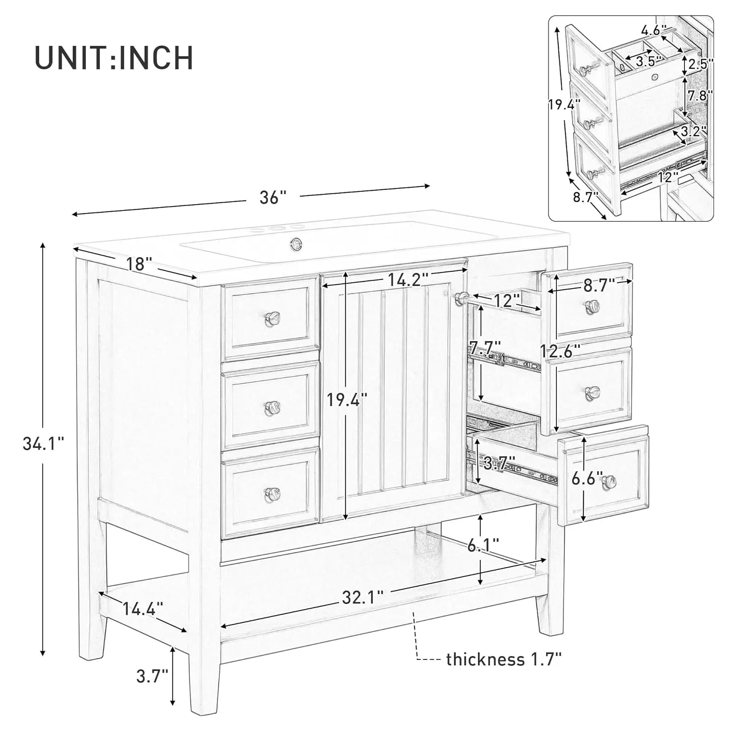 Bathroom Vanity Cabinet Sink Top Combo Single Door 3 Drrawers