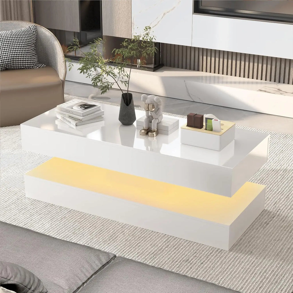 Modern Stylish Coffee Table with LED lights, Double-Layer Design with 2 Storage Drawers