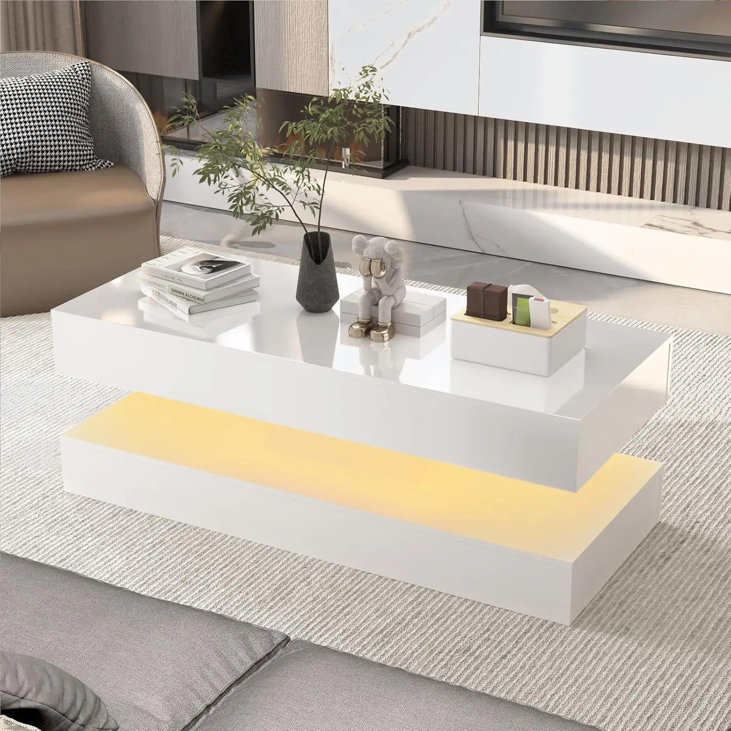 Modern Stylish Coffee Table with LED lights, Double-Layer Design with 2 Storage Drawers