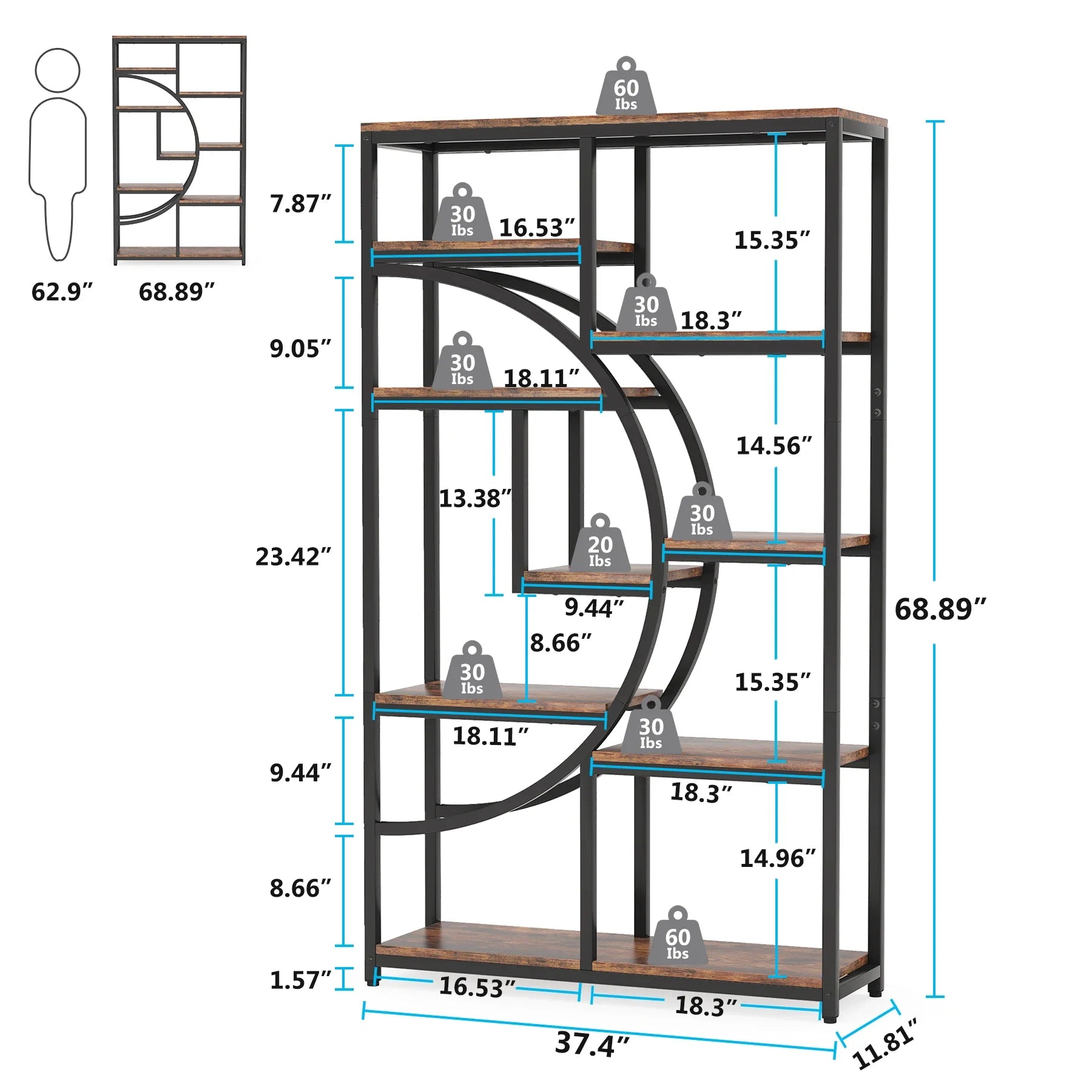 Bookshelf Industrial 5 Tier Etagere Bookcase, Freestanding Tall Bookshelves Display Shelf Organizer