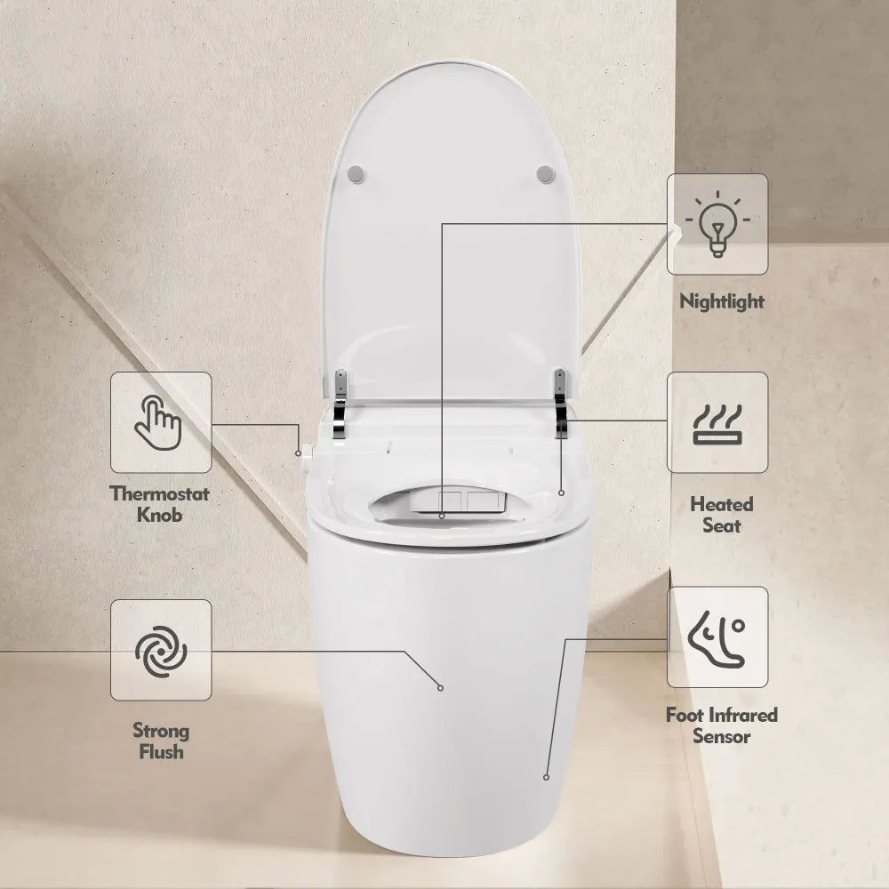 Heated Seat Smart Toilet, One Piece Toilet, Automatic Flush Tank without Bidet, with Foot sensor Flush