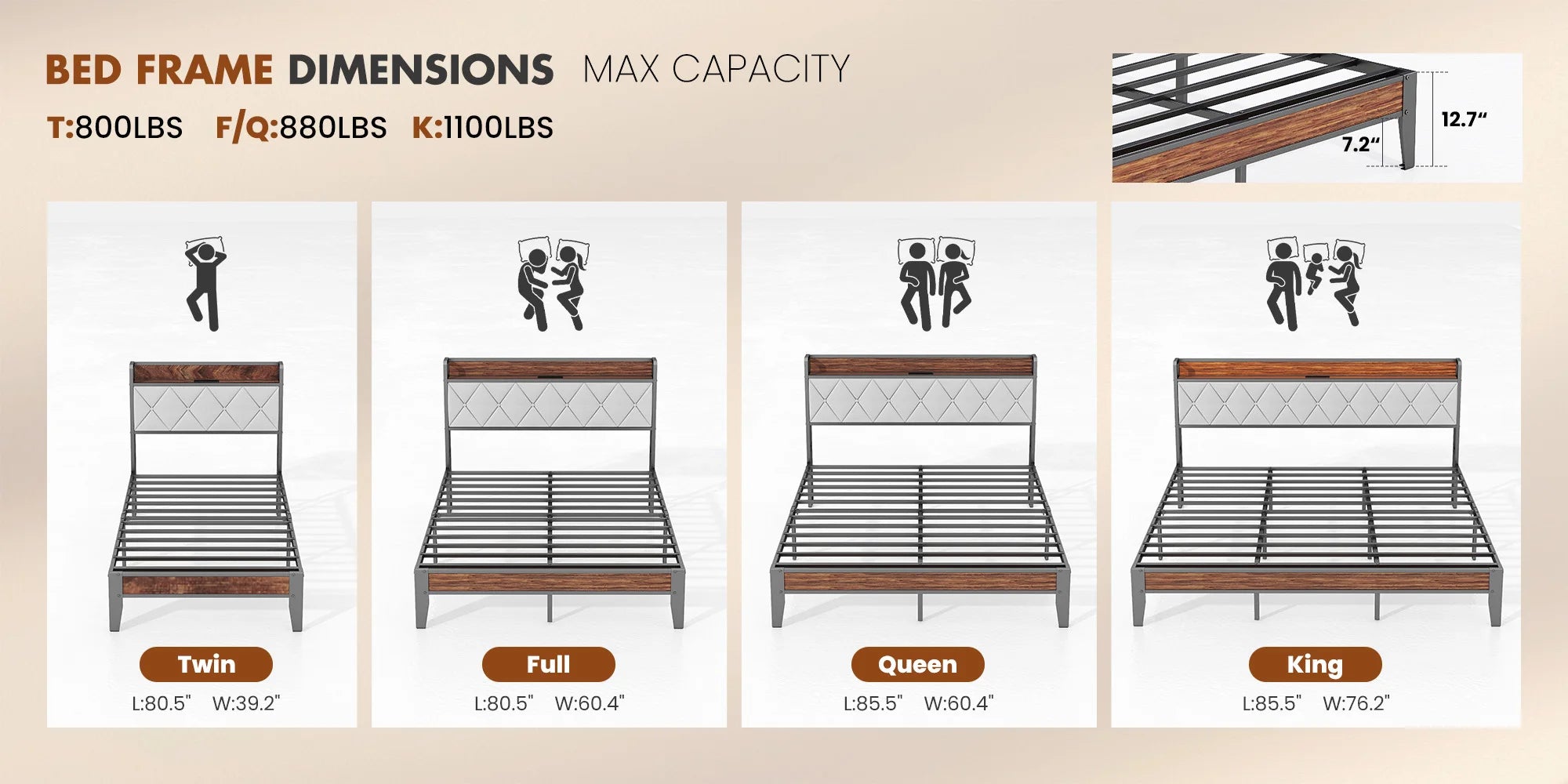 King Size Soft Pack Heavy Duty Metal Bed Frame with Headboard Charging Station