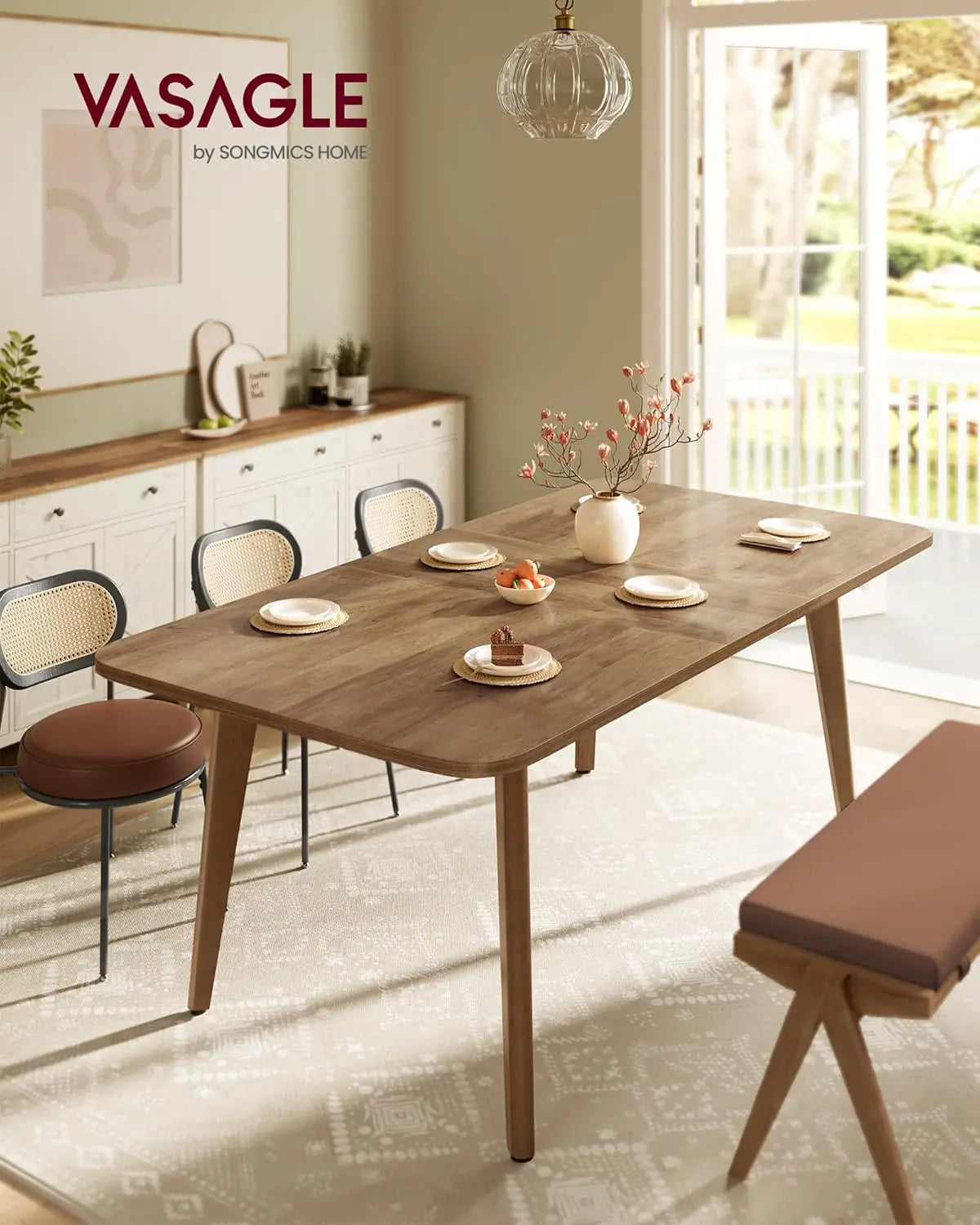 Extendable Dining Table with Tapered Legs and Curved Design, Honey Brown Finish