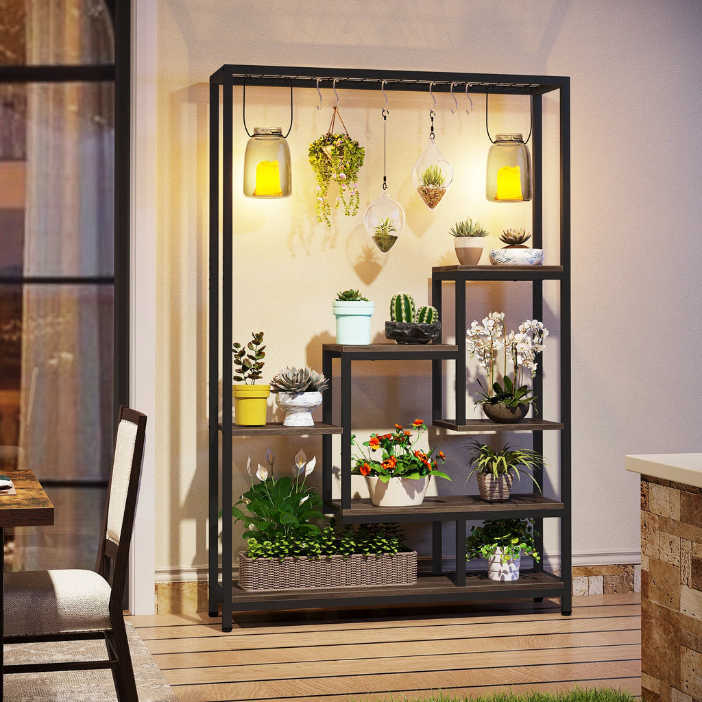 5 Tiers Tall Indoor Plant Stand Large Metal Plant Shelf with 10 PC S Hanging Hooks for Garden