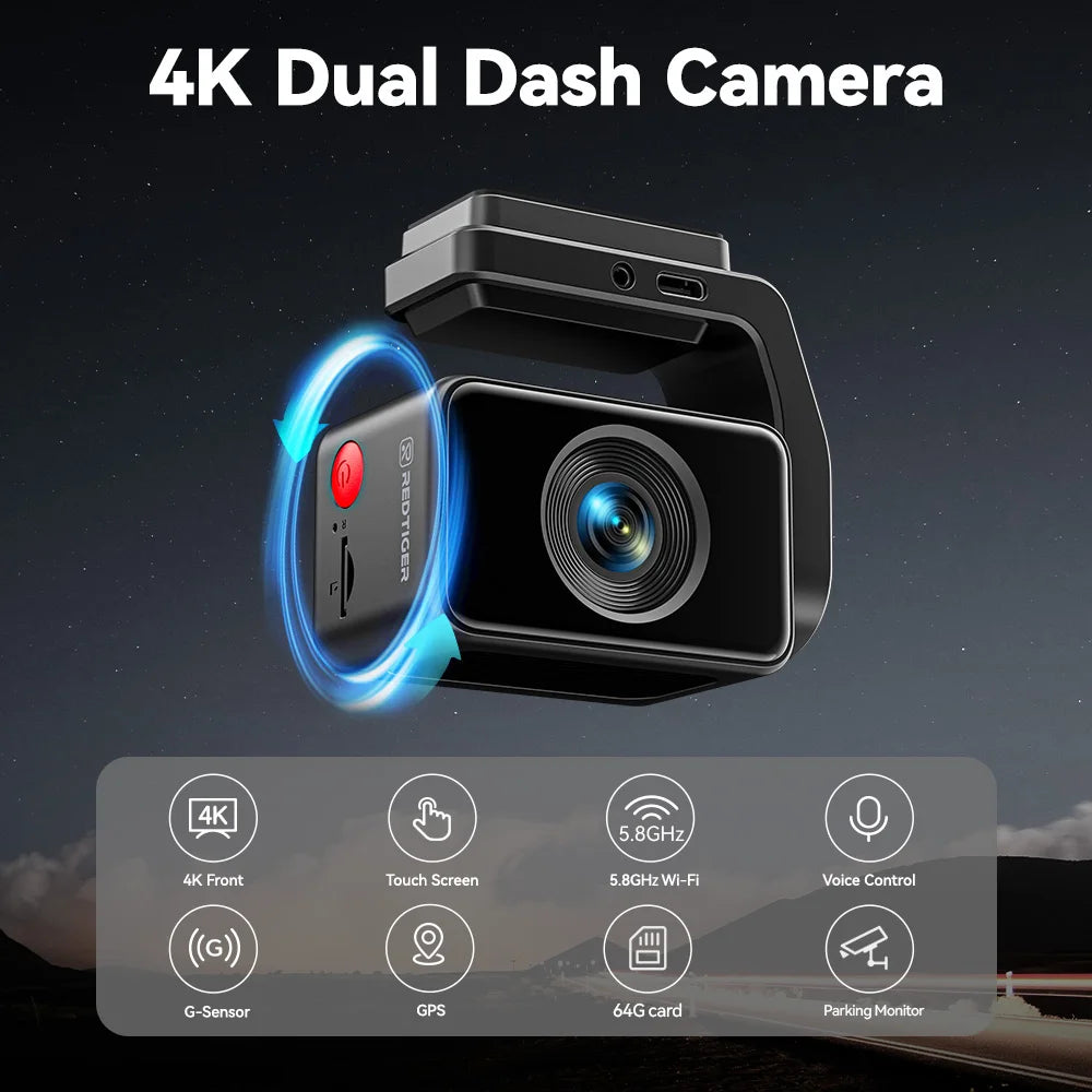 4k Dash Cam Front and Rear Drive Recorder GPS & 5G WiFi Touch Screen Night Vision 24H Parking Mode Voice Control