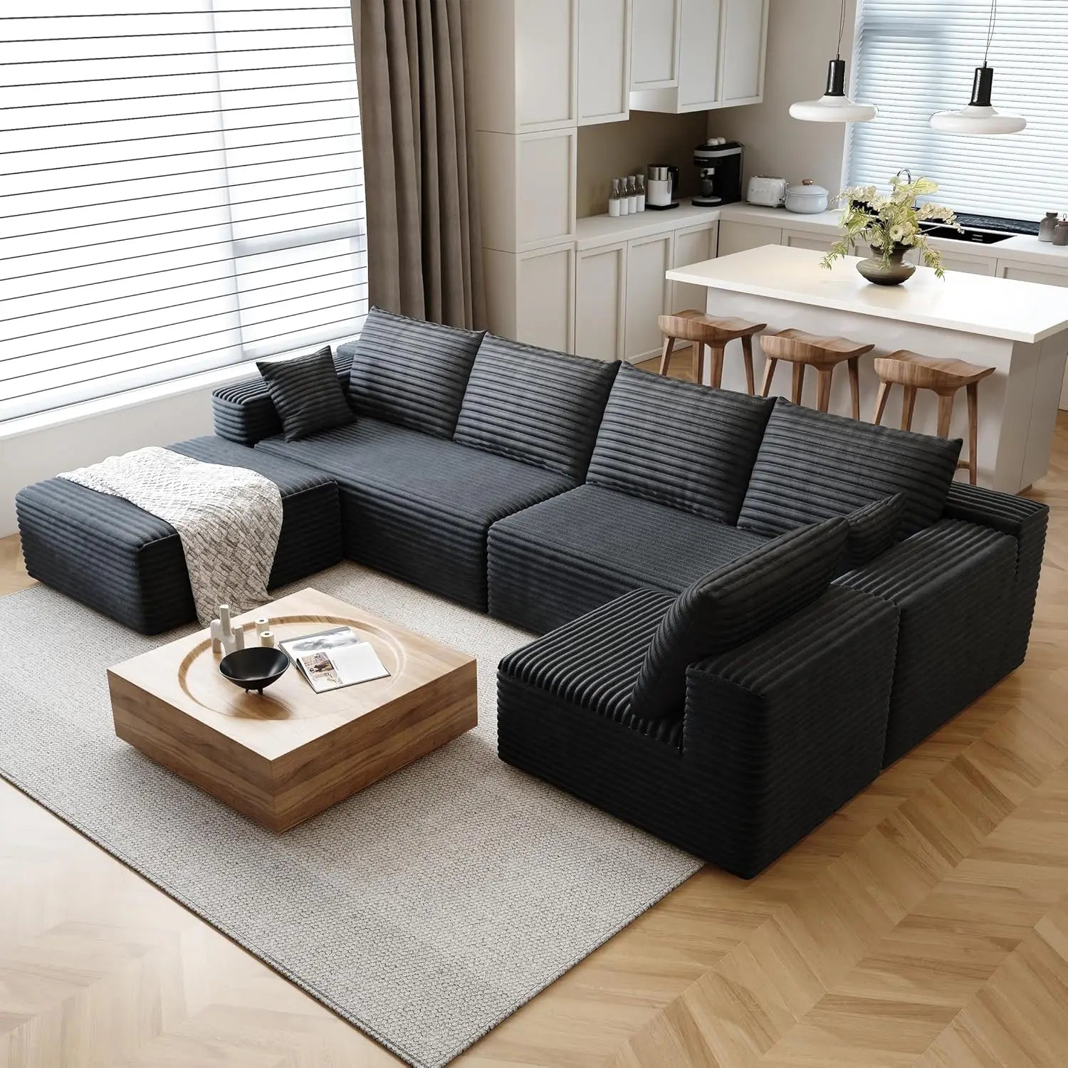 Cloud-style sectional sofa, with corduroy cover, fluffy memory foam cushions, easily assembled, modular recliner