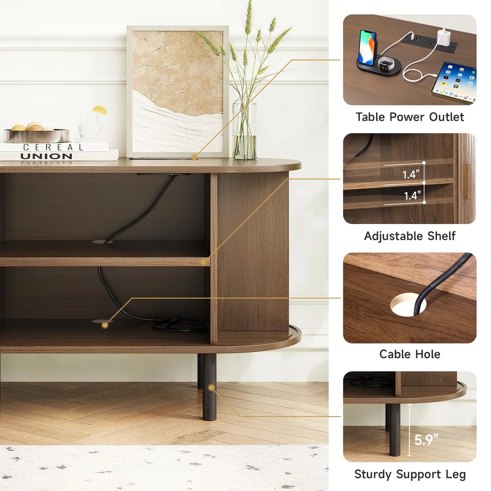 TV Stand Living Room Furniture with Power Outlet for TVs up to 70" with Sliding Doors Storage Adjustable Shelves