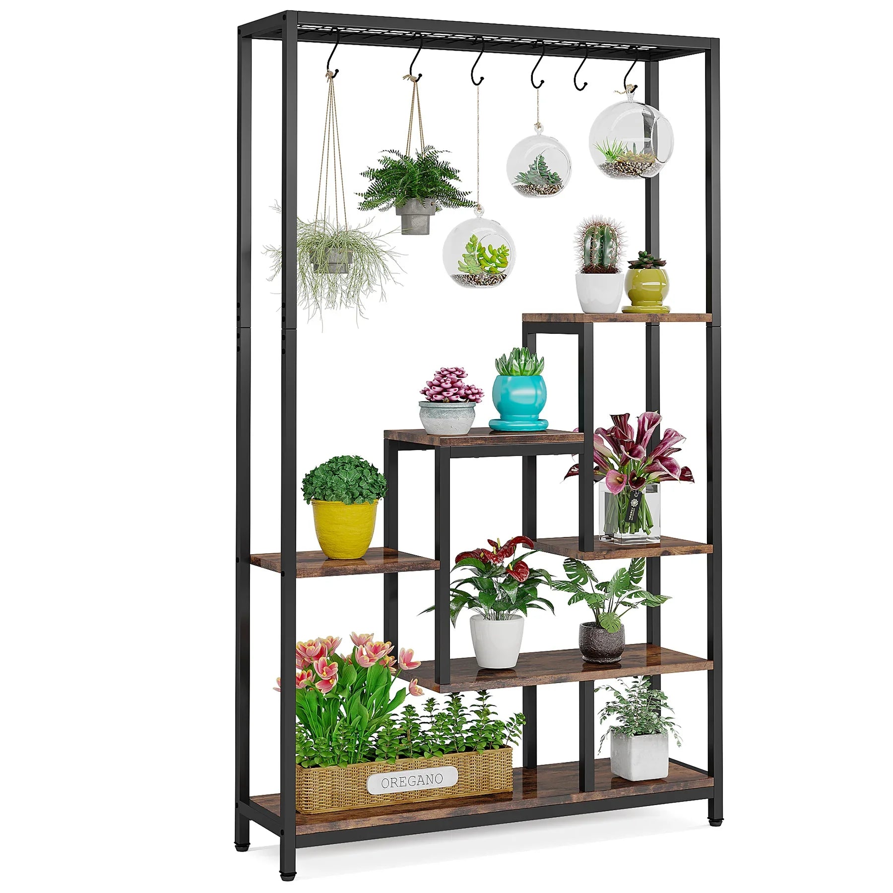 5 Tiers Tall Indoor Plant Stand Large Metal Plant Shelf with 10 PC S Hanging Hooks for Garden