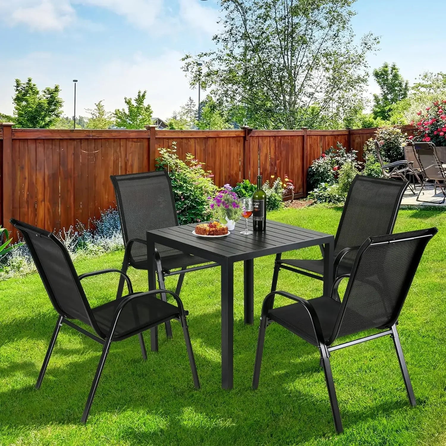 4PCS Garden Chairs Steel-iron+Teslin Fabric Folding High Back Chair Outdoor Seating