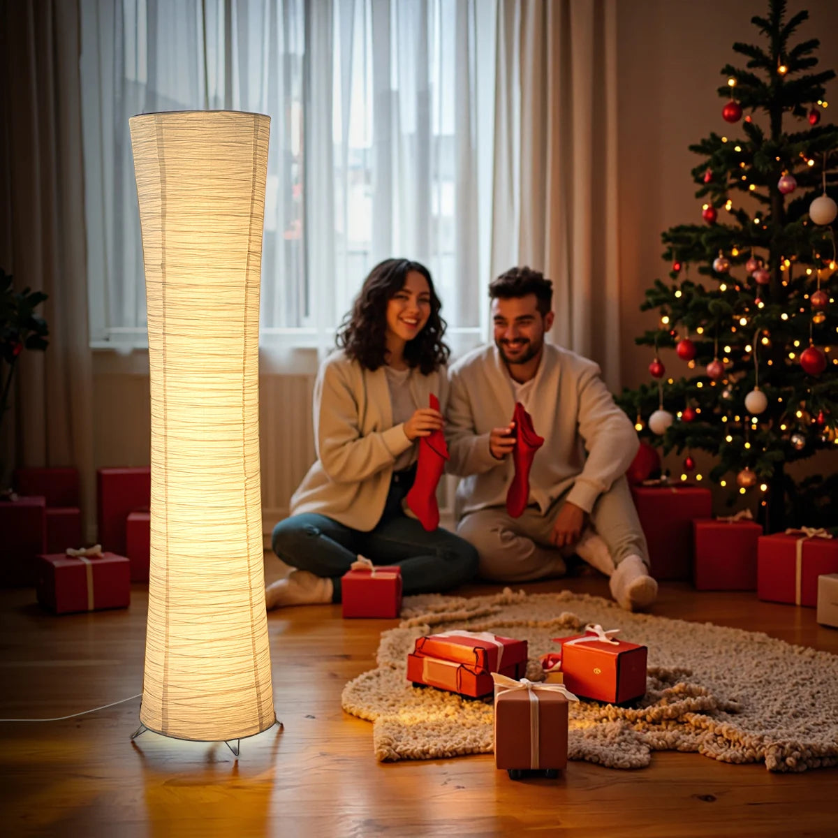 Paper floor lamp, paper and chrome-plated standing lamp, LED light strip