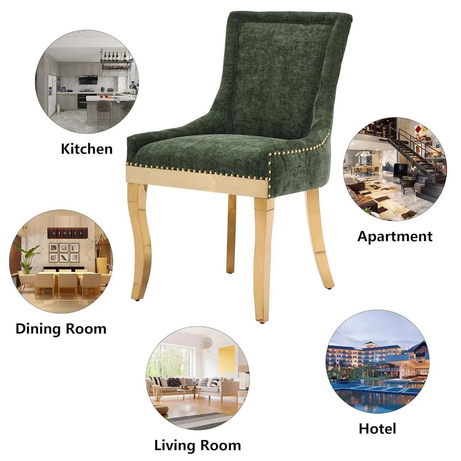 Upholstered Dining Chairs Set of 2 Neutral Chenille Trim Padded Olive Green Gold, Customized