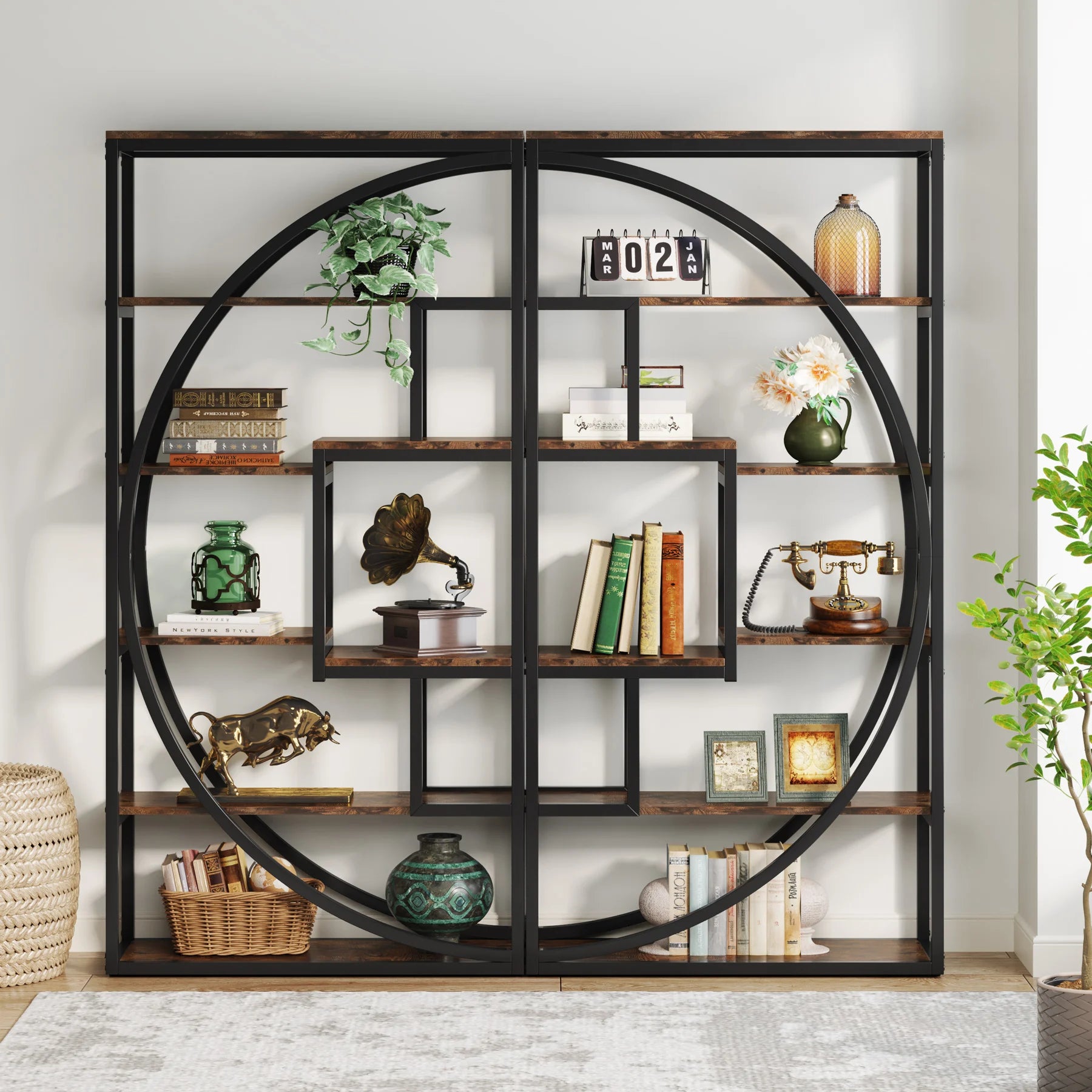 Bookshelf Industrial 5 Tier Etagere Bookcase, Freestanding Tall Bookshelves Display Shelf Organizer