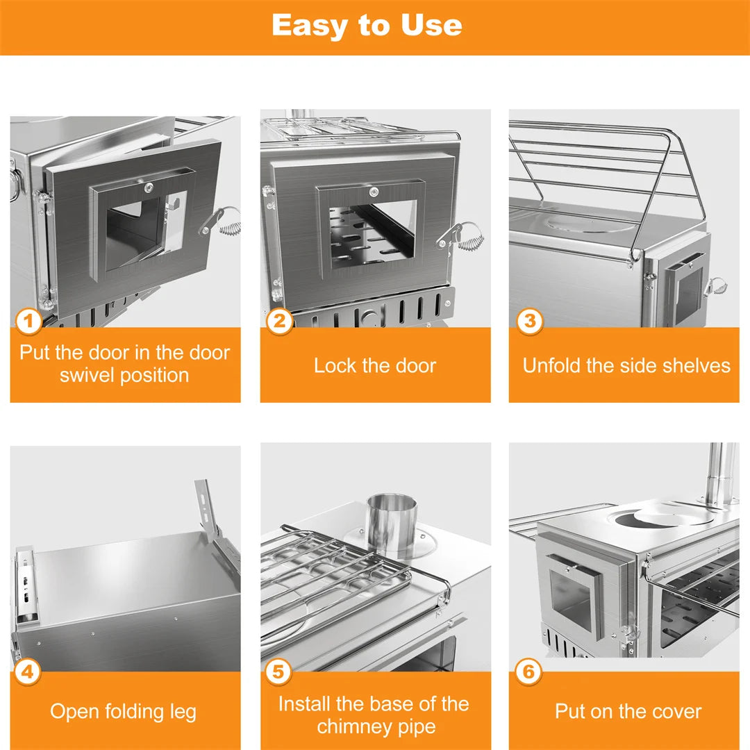 Hot Tent Stove, Portable Wood Stove with 6 Stainless Chimney Pipes for Outdoor Heating & Cooking